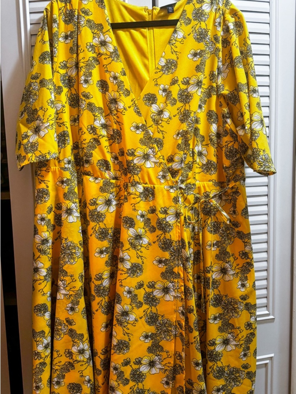 Yellow Floral Wrap-Style Midi Dress